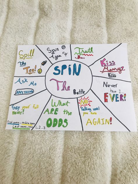 Spin The Bottle Sleepover Game, Spin The Bottle Dares, Spine The Bottle Game, Spin Bottle Game, Spin The Bottle Ideas For Friends Clean, Diy Spin The Bottle, Sleepover Spin The Bottle, Spin The Bottle Questions, Spin The Bottle Board