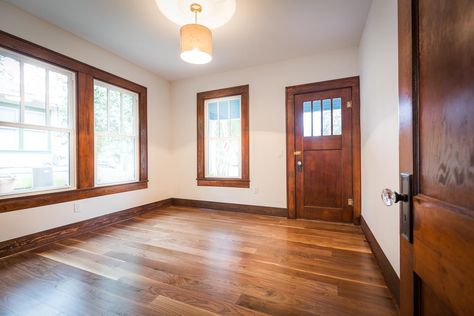 Rare 1930 Bungalow REVEALED - NEW! For Sale — making modern home 1930 Bungalow, Craftsman Home Decor, Dark Wood Trim, Stained Trim, Hardwood Floors In Kitchen, Dark Trim, Oak Trim, Light Hardwood, Light Hardwood Floors