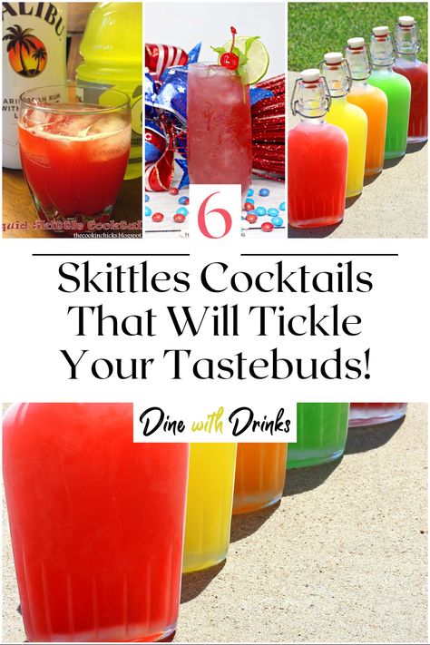 Collage of 4 skittles cocktails. Skittles Cocktail, Skittles Flavors, Skittle Vodka, Skittles Drink, Candy Alcohol Drinks, Flavored Tequila, Rainbow Drinks, Cocktail Mixology, Candy Cocktails