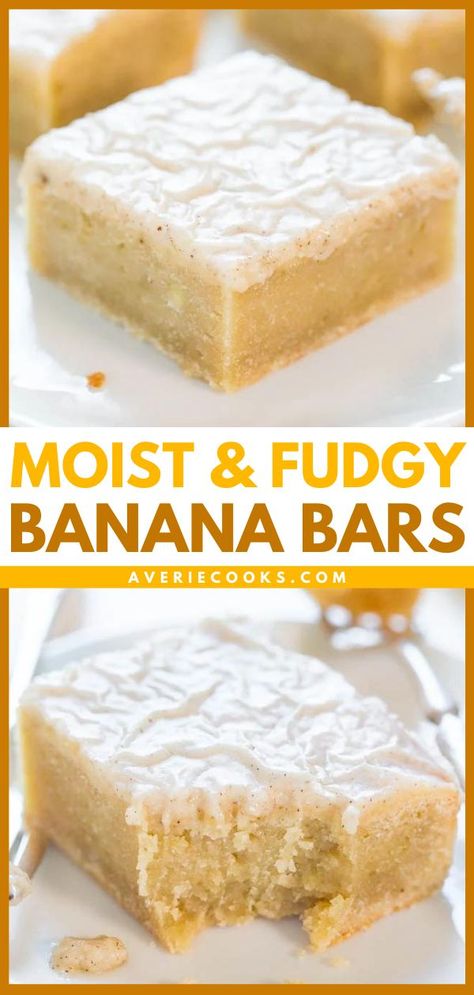 Fudgy Banana Bars with Browned Butter Vanilla Glaze, easy desserts to impress, sweet treats, baking recipes Banana Blondies With Brown Butter Icing, Banana Blondies Recipe, Banana Blondies, Easy Impressive Dessert, Banana Brownies, Banana Bars, Banana Dessert Recipes, Sweet Treats Desserts, Blondies Recipe