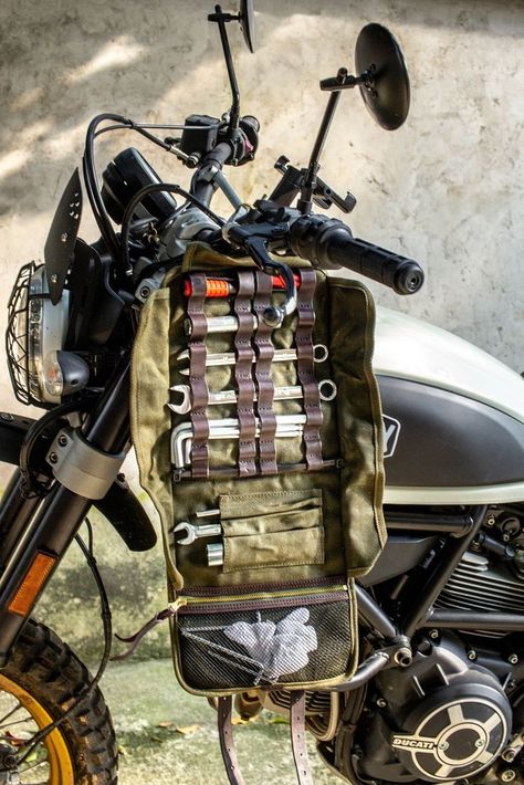 TRAVELER Tool Roll bag is not limited to motorcycle tools. ⚙ You can use them for anything you want to neatly store. 😜 Commuter Bike Style, Tool Roll Bag, Motorcycle Tool Bag, Adventure Bike Motorcycles, Camping Gear Survival, Custom Motorcycles Harley, Diy Leather Projects, Bike Camping, Motorcycle Garage