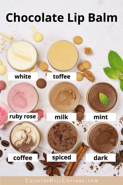 DIY Chocolate Lip Balm - 8 Recipes Diy Coffee Lip Balm, Chocolate Lip Balm Recipe, Lip Balm Flavors Essential Oils, Diy Vanilla Lip Balm, Diy Natural Lip Balm Recipes, Lip Balm Flavor Ideas, Natural Cosmetics Recipes, Diy Chocolate Recipe, Creamy Lip Balm Recipe