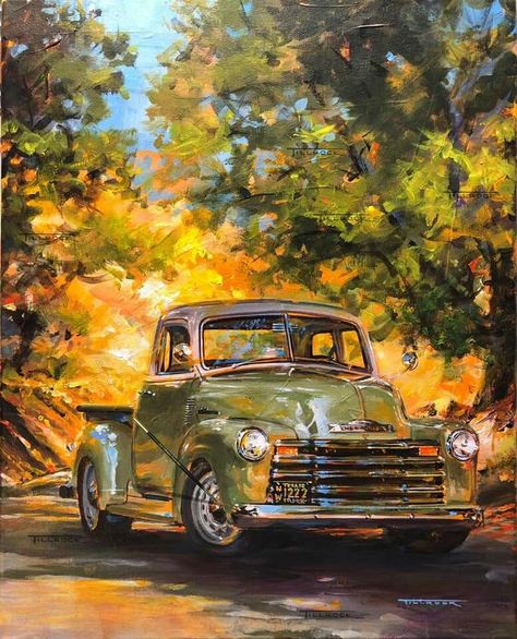 Old Car Paintings, Paintings Of Cars, Old Truck Paintings, Car Artwork Automotive Art, Truck Painting, Vw Art, Truck Paint, Small Canvas Paintings, Art Painting Gallery