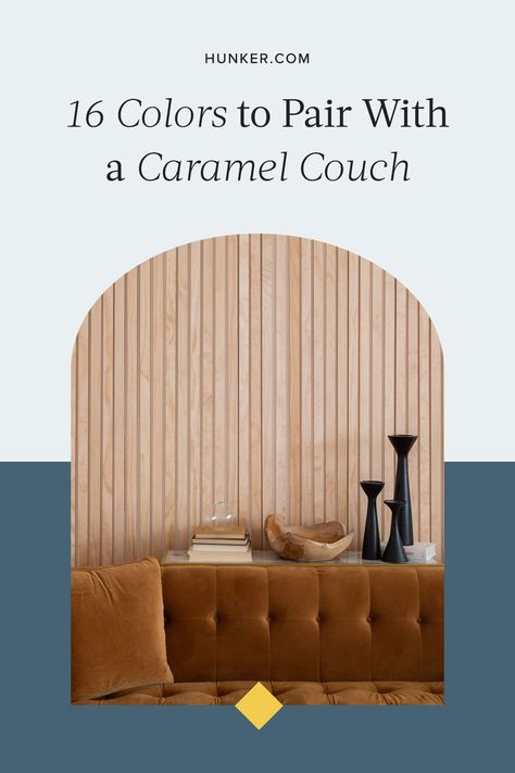 Caramel couches commonly come in leather or velvet, luxe materials that instantly elevate a space. Here are some caramel couches in their natural habitats. #hunkerhome #caramelcouch #caramelsofa #caramelsofaideas #sofaideas Caramel Velvet Sofa, Camel Couch Living Room Ideas, Caramel Couch Living Room Ideas, Camel Sofa Living Room Ideas, Caramel Couch Living Room, Caramel Sofa Living Room Ideas, Caramel Couch, Caramel Sofa, Camel Sofa