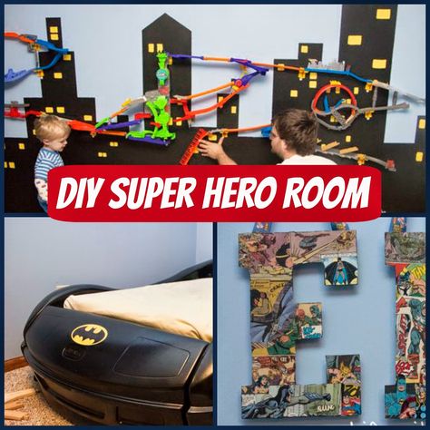 Adorable Super hero themed room filled with Do-it-yourself details! Super Hero Bedroom Ideas, Superhero Bedroom Ideas, Super Hero Room, Hero Bedroom, Bedroom Remodel Ideas, Bat Mobile, Batman Room, Superhero Bedroom, Superhero Room