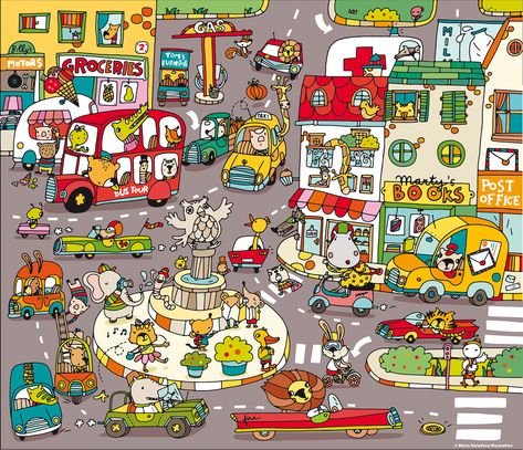 Busy Town Puzzle — Maria Neradova Illustration Busy Town Illustration, Cute Town Illustration, Richard Scarry Busy Town, Busy Town Richard Scarry, Communication Prompts, Busy Illustration, Town Illustration, Busy Town, Writing Childrens Books