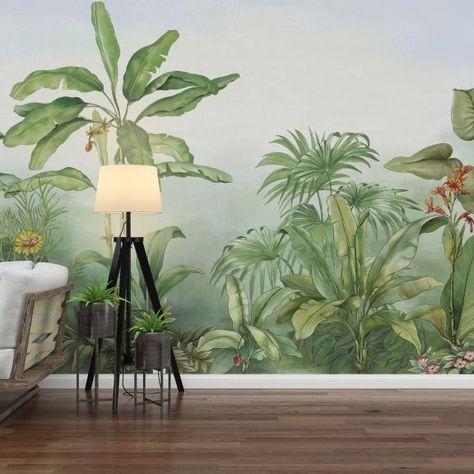 Drawing For Bedroom, Rainforest Bedroom, Jungle Living Room, Planting Drawing, Wallpaper In Bathroom, Jungle Wall Mural, Tree Wallpaper Mural, Aesthetic Lights, Wallpaper Office