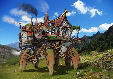 Robot House Illustration, Steampunk Village Concept Art, Steampunk Fantasy House Concept Art, Steampunk House Concept Art, Steampunk Farm, Robot House, Steampunk Building, Ship House, Steampunk Witch