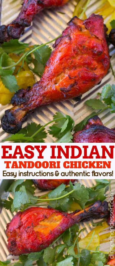 Tandoori Chicken is a classic Indian recipe that is marinaded in yogurt, garam masala, cayenne pepper and garlic before being baked in an oven. We make it easy enough to cook during the week and use chicken legs for easy, quick cooking. | #indianfood #indianrecipes #indianchickenrecipes #dinnerthendessert #tandoorichicken #chickentandoori #easyindianfood #tandoorispices #tandoorimarinade #grilledchicken src= Easy Tandoori Chicken, Tandoori Chicken Recipe, Tandoori Marinade, Tandoori Recipes, Indian Chicken Recipes, Rogan Josh, Tandoori Masala, Easy Indian Recipes, Vindaloo