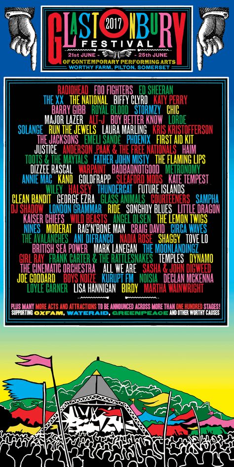 2017 | Glastonbury Festival Line Up Poster, Music Festival Branding, Boy Better Know, Performing Arts Poster, Music Line, Food Festival Poster, Glastonbury Music Festival, Festival Branding, Uk Festival