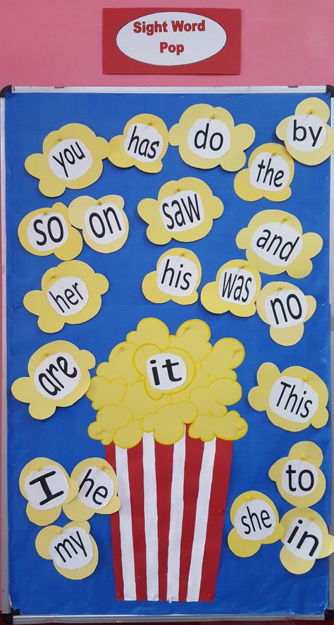 Sight word bulletin board Sight Words Chart Kindergarten, Sight Words Classroom Decoration, Classroom Sight Words Display, Sight Words Board Decoration, Sight Word Chart Ideas, Sight Words Crafts Kindergarten, Jolly Phonics Display Board, Sight Words Board Ideas, Sight Words Display Wall Ideas