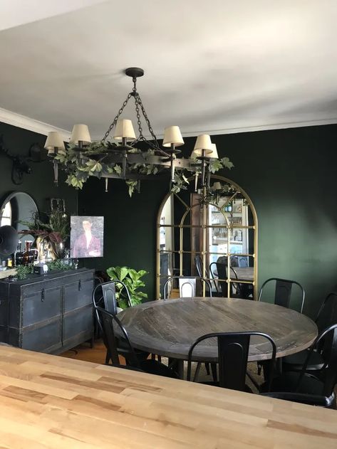 Witchy Dining Room Ideas, Speakeasy Apartment, Dark Academia Dining Room, Dark Farmhouse Decor, Dark Moody Living Room, Gothic Barbie, Dark Farmhouse, 1800s Farmhouse, Living Room Makeover Ideas