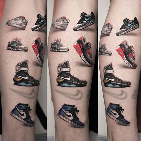 Sneaker Head Tattoo, Nike Dunk Tattoo, Sneaker Tattoo, Nike Tattoo, Shoe Tattoos, Head Tattoo, Head Tattoos, Fashion Inspiration Design, Tattoos Ideas