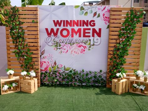 A beautiful backdrop for Winning Women Conference 2019 in Ghana. Women’s Conference Photo Booth, Woman Conference Decorations, Decor For Womens Conference, Womens Ministry Events Decor, Womens Conference Theme Ideas, Womens Conference Backdrop, Ladies Conference Decor, Conference Backdrop Design, Alabaster Decor