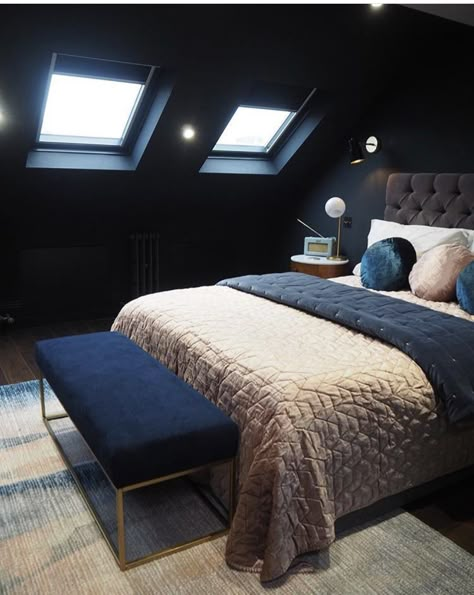 All White Bedding, Dark Lounge, Loft Rooms, Loft Conversion Ideas, Attic Bedroom Ideas, Grown Up Bedroom, Navy Bedroom, Attic Bedroom Designs, Mid Century Bedroom