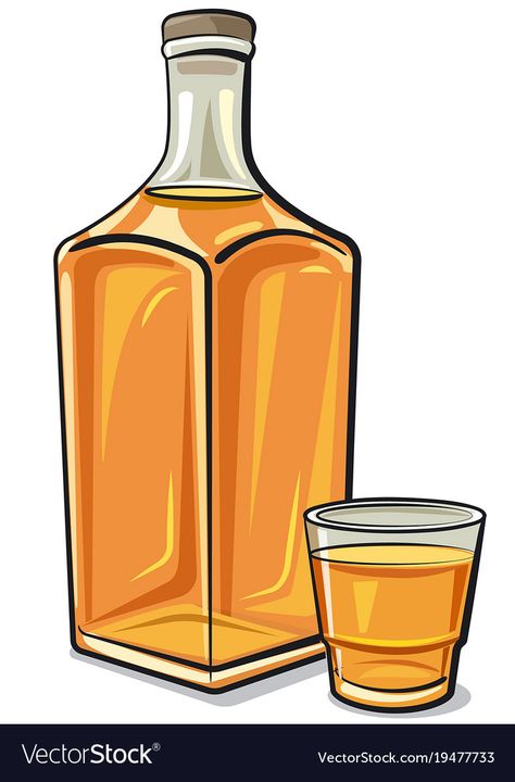 Whiskey bottle with a glass Royalty Free Vector Image Cartoon Whiskey Bottle, Whiskey Bottle Illustration, Alcohol Bottle Illustration, Whisky Drawing, Whiskey Bottle Drawing, Liquor Drawing, Whiskey Drawing, Drawing Bottle, Drawing Alcohol