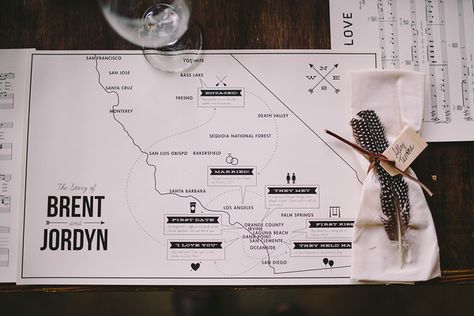 Paper printed wedding placemats. Couples love story map and timeline. Smog Shoppe LA. Paper Placemats Wedding, Placemats Wedding, Smog Shoppe Wedding, Wedding Placemats, Leather Feathers, Paper Placemats, Couples Love, Story Map, San Luis Obispo