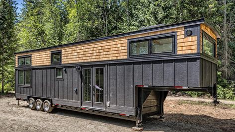 42ft Custom Summit Tiny House Puts Living Room in Gooseneck Moody Exterior, Pre Manufactured Homes, Tiny House Trailer Plans, Diy Tiny House Plans, Gooseneck Tiny House, Diy Tiny House, Tiny House Trailer, Board And Batten Siding, Trailer Build