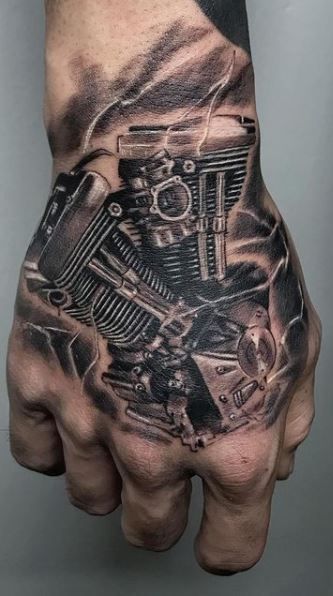 Biker Tattoos Designs, Tattoo Main, Engine Tattoo, Herren Hand Tattoos, Unique Half Sleeve Tattoos, Harley Tattoos, Motorcycle Tattoo, Underwater Welder, Harley Davidson Tattoos