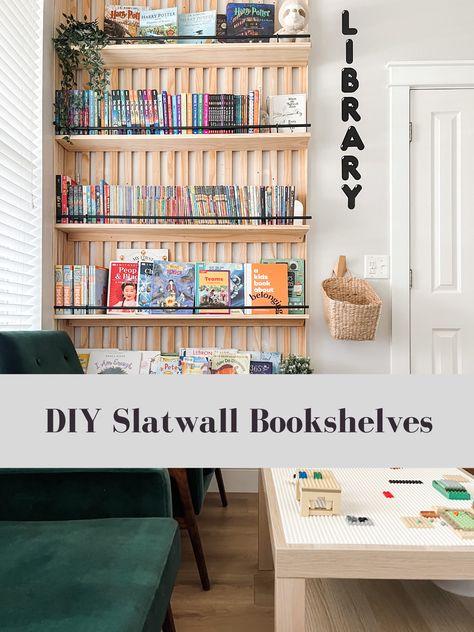 These Bookshelves will not only help to keep your books organized but will bring added design into your home with the slats behind them. Wall Shelf Library, Wood Wall Bookshelf, Diy Wall Mounted Bookshelves, Slat Wall Bookshelf, Slat Bookshelf, Diy Slat Wall, Diy Bookshelf Wall, Wall Hanging Bookshelf, Cheap Bookshelves