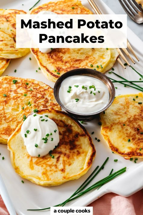 These mashed potato pancakes are absolutely delicious as a savory side or breakfast! Here's how to make potato pancakes from mashed potatoes. #mashedpotatopancakes #potatopancakes #mashedpotatoes #leftovermashedpotatoes Potato Pancakes From Mashed Potatoes, Mashed Potato Pancakes Recipe, Mashed Potato Pancakes, Side Dishes For Salmon, A Couple Cooks, Winter Salad Recipes, Salad Dressing Recipes Healthy, A Balanced Meal, Side Dishes Veggies