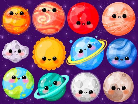 Printable Solar System, Kawaii Galaxy, Solar System Clipart, Cute Planets, Kids Branding Design, Galaxy Solar System, Kawaii Planet, Planet Drawing, Stickers For Goodnotes