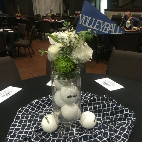 Volleyball centerpiece                                                                                                                                                                                 More Volleyball Centerpieces, Volleyball Party Decorations, Sports Banquet Centerpieces, Volleyball Decorations, Volleyball Locker Decorations, Volleyball Senior Night Gifts, Volleyball Banquet, Night Volleyball, Volleyball Crafts