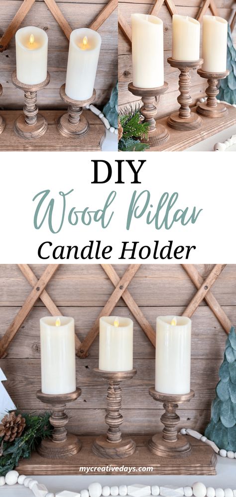 This DIY pillar candle holder is a great way to display your flameless pillar candles with just a few supplies from your local craft stores. Diy Candle Stand Ideas, Diy Candle Stick Holder Ideas, Candle Base Ideas, Pillar Candles Decor, Diy Wooden Candle Stand, Pillar Candle Holders Decor Ideas, Diy Wood Candlesticks, Candle Pillars Decor, Diy Wooden Candle Holders