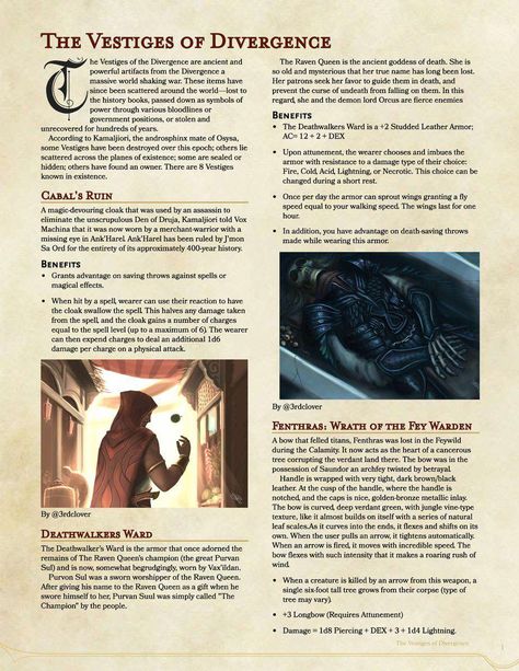 Vestiges of Divergence #homebrewinggear Vestiges Of Divergence, 5e Magic Items, Dnd Homebrew Items, D D 5e Homebrew, History Symbol, Homebrew Items, Dnd Dm, Dnd Magic Items, Critical Role Vox Machina