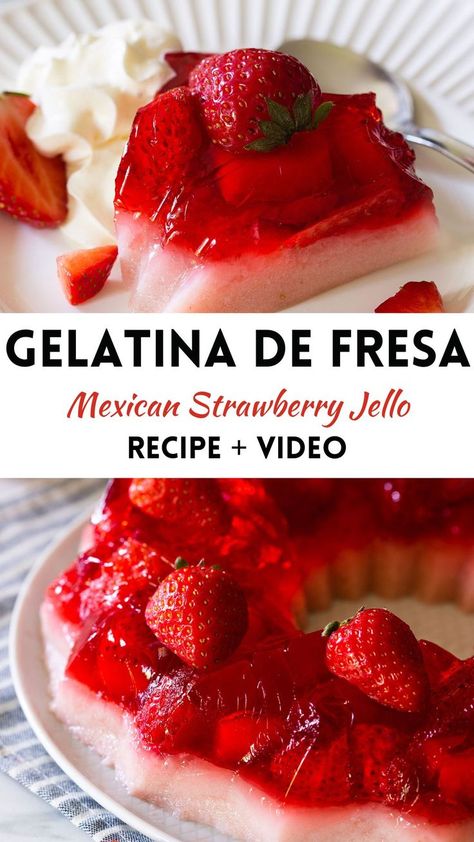 A collage with strawberry gelatin (gelatina de fresa) photos, text overlay. Mexican Desserts Easy, Mexican Jello Recipe, Mexican Jello, Authentic Mexican Desserts, Flan Pudding, Strawberry Gelatin, Pudding Custard, Jello Salads, Mexican Desserts