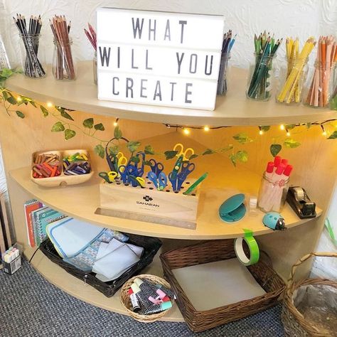 Creative Station Eyfs, Art Area In Classroom, Creation Station Eyfs, Art Station Classroom, Art Area Kindergarten, Daycare Art Center Ideas, Art Area Preschool Classroom, Preschool Art Area Set Up, Creation Station Classroom