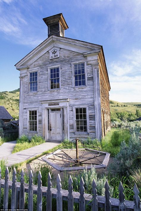 Schoolhouse and Masonic Lodge, built ca. 1874 in the mining ghost town at Bannack State Park, Bannack, Montana Abandoned Town, Old School House, Masonic Lodge, Old Churches, Abandoned Mansions, Ghost Town, Haunted Places, Old Barns, Abandoned Buildings