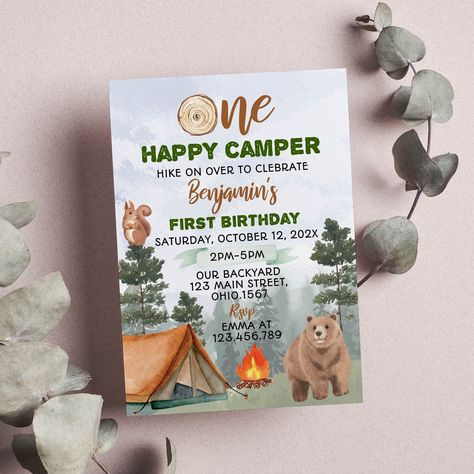 Camping 1st Birthday, Camping Birthday Invitations, One Happy Camper, 1st Birthday Invite, 1st Birthday Party Invitations, Camping Birthday, 1st Birthday Invitations, 1st Birthday Party, Birthday Invite