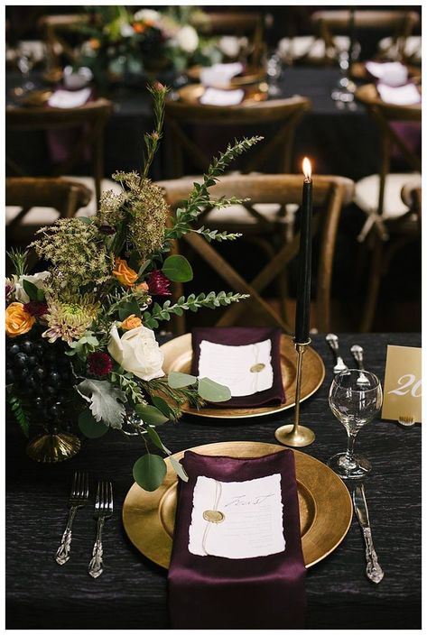 Tabletop wedding decor | Gold Wedding place settings | metallic burgundy tablescape with-taper candles | Eggplant and Gold Industrial Wedding in Detroit Eggplant And Gold Wedding, Industrial Wedding Table, Eggplant Wedding, Gold Wedding Centerpieces, Industrial Wedding Decor, Wedding Candles Table, Minimalist Wedding Decor, Plum Wedding, Gold Wedding Theme