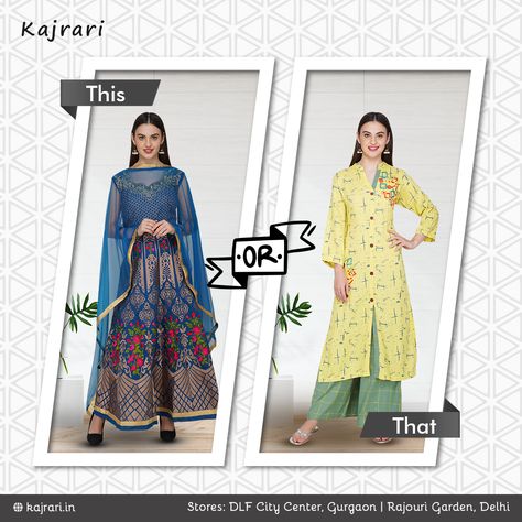 Would you like to go festive or prefer to choose a subtle one? Let us know in the comment section. #Kurti #KurtiLove #Kajrari #KajrariStore #KajrariKurti #Kurta #OOTD #WomenWear #Ethnic #EthnicWear #KajrariWear #girly Fashion Posters, Posters Ideas, Mailer Design, Cotton Kurtis, Fashion Poster Design, Fashion Banner, Instagram Banner, Kurti Collection, Creative Poster