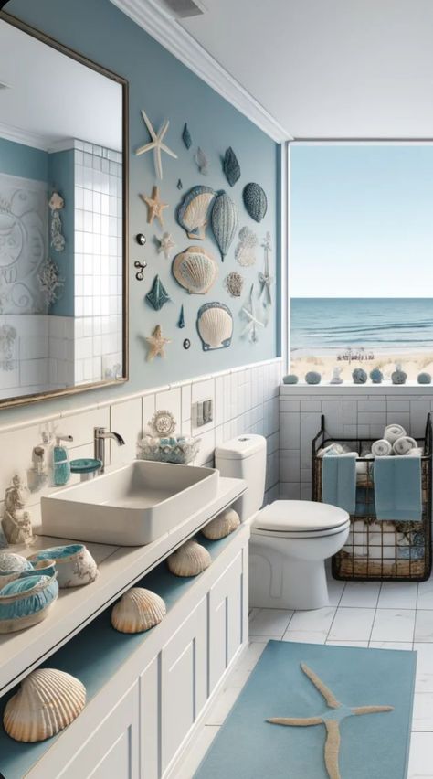 Beach Feel Bathroom, Lighthouse Theme Bathroom, Boho Ocean Bathroom, Small Living Room Ideas Bloxburg, Elegant Beach Decor, Small Beach Bathroom, Bathroom Ocean Theme, Beach Decor Ideas, Beach Themed Bathroom