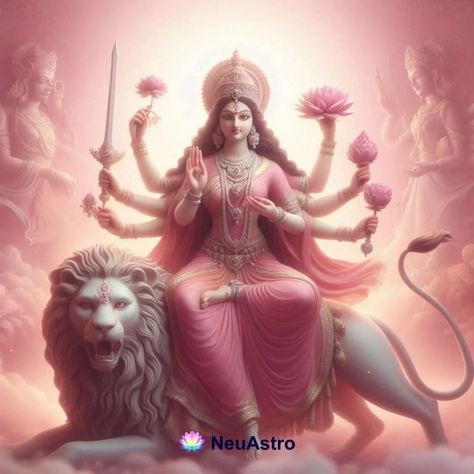 🌸 Maa Katyayani: The Sixth Form of Goddess Durga 🌸 On this auspicious day of Navratri, we worship Maa Katyayani, the fierce yet compassionate warrior goddess. She is revered as the goddess of strength, courage, and victory. Mounted on a majestic lion, Maa Katyayani is depicted with four hands: one holding a sword to slay evil, another a lotus symbolizing wisdom, and the other two bestowing blessings and protection. 🙏✨ According to legend, Maa Katyayani was born to sage Katyayan after he per... Goddess Of Strength, Maa Chandraghanta, Warrior Goddess, Majestic Lion, Sixth Form, Goddess Durga, Maa Durga, Durga Maa, Durga Goddess