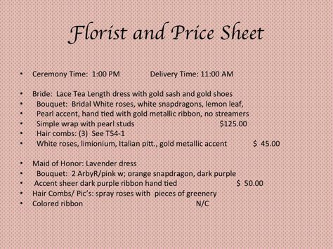 Florist Price List Florist Price List, Flower Bouquet Price List, Lace Tea Length Dress, Gold Sash, Lemon Leaves, Wedding Activities, Tea Length Dresses, Tea Length, Price List