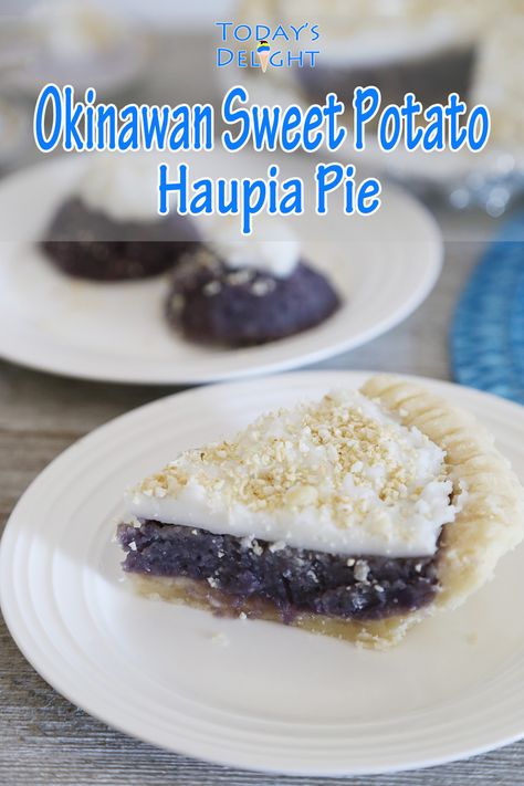 Okinawan Sweet Potato Haupia Pie a Hawaiian dessert made with Macadamia Nut Shortbread Crust filled with pureed or chunky Okinawan Sweet Potato and topped with creamy coconut pudding called Haupia. For recipe, visit todaysdelight.com Sweet Potato Haupia Pie, Island Desserts, Sweet Potato Pie Recipes, Hawaii Desserts, Sweet Potato Dessert Recipes, Hawaiian Dessert, Haupia Pie, Okinawan Sweet Potato, Sweet Potato Dessert