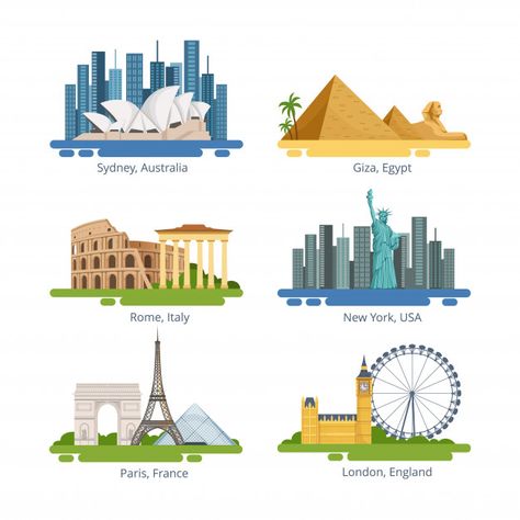 Landmarks Of The World, Landmark Illustration, Different Cities, Retail Store Interior Design, World Icon, Famous Monuments, History Facts Interesting, City Logo, Pottery Painting Designs