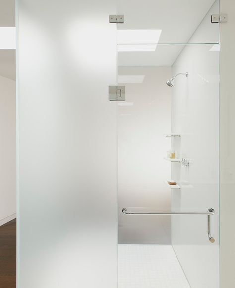 shower enclosure, frosted walls clear glass door Milk Glass Shower Door, Glass Shower Wall, Doorless Shower, Bath Redo, Shower Glass, Glass Barn Doors, Washroom Design, Shower Enclosures, Shower Bathroom