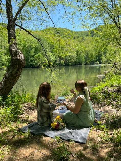 2 girls having an aesthetic picnic by the river Picnic Summer Aesthetic, 2 People Picnic, River Date Aesthetic, Forest Picnic Aesthetic, Picnic In Woods, Han River Picnic Aesthetic, Picnic At Hanging Rock Aesthetic, Picnic In Forest, Summer Nostalgia Aesthetic