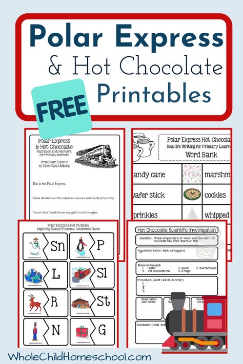 Use this Free Polar Express & Hot Chocolate Unit Study for preK-2nd grade homeschool families to create a new Christmas tradition of studying chocolate and the Polar Express story for an easy and relaxing holiday homeschool season. #printables #homeschool #christmas #free Polar Express Worksheets Free Printable, Polar Express Bingo Free Printable, Winter Homeschool Unit, Polar Express Kindergarten, Christmas Homeschool Unit Studies, Christmas Homeschool Activities, Christmas Homeschool, Polar Express Activities, Polar Express Theme