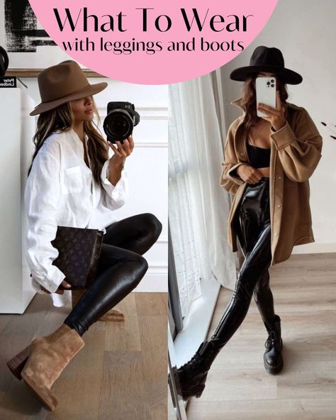 Faux Leather Leggings With Cowboy Boots, Black Spanks Leggings Outfit, Leather Leggings And Boots Outfit, Black Leggings And Cowboy Boots Outfit, Brown Boots With Black Leggings, Black Leggings With Brown Boots, What To Wear To Brunch In Winter, Leather Leggings Outfit With Boots, Leggings And Booties Outfit