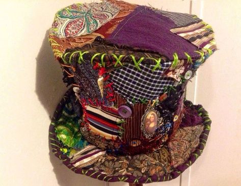 Mad Hatter Outfit, Mad Hatter Halloween Costume, Mad Hatter Cosplay, Man Hats, Burning Man Accessories, Patchwork Hat, Mad Hatter Top Hat, Hat Burning, Alice In Wonderland Vintage