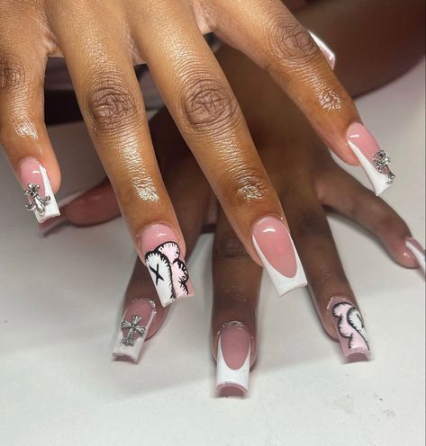 Kaw Nails Short, Grey Kaws Nails, Gray Kaws Nails, Kaws Nail Set, Kaws Nails Short White, French Tip Kaws Nails, Kaw Nails, Acrylic Nail Designs Kaws, Kaws Nails