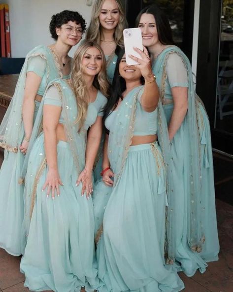 ##bluebridsmaidlehenga #lehenga #lehengacholi #bridesmaid #bulklehengas  Blue bridesmaid lehenga choli set!  Matching Bridesmaids and/or Groomsmens outfits. Indian Crop Top, Desi Bridesmaids, Faux Mirror, Bridesmaids Lehenga, Hot Pink Bridesmaids, Lehenga Bridesmaid, Indian Bridesmaid Dresses, Pakistan Wedding, Indian Wedding Lehenga