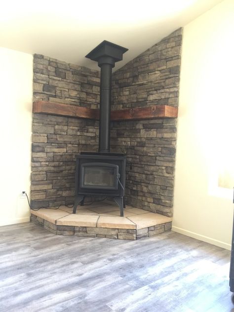 Corner Stove Fireplace Stone, Wood Stove In The Corner, Stone Wood Stove Hearth, Corner Wood Stove Surround Ideas, Corner Stove Mantle, Decorating Around Wood Stove, Free Standing Wood Burning Fireplace Ideas, Wood Stove Mantle Ideas, Freestanding Stove Fireplace Ideas