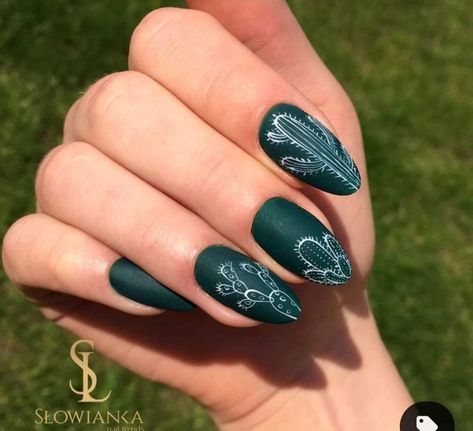 Green Cactus Nails, Nail Ideas Cactus, Westerns Nails, Desert Themed Nails, Nails With Cowboy Hat, Country Valentines Nails, Nails With Cactus Design, Cactus Acrylic Nails, Cactus Nail Ideas