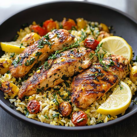 Delicious Greek Chicken and Lemon Rice Recipe Greek Chicken And Lemon Rice, Lemon Chicken And Rice, Lemon Rice Recipe, Lemon Chicken Rice, Chicken Greek, Greek Rice, Fluffy Rice, Lemon Rice, Healthy Food Dishes